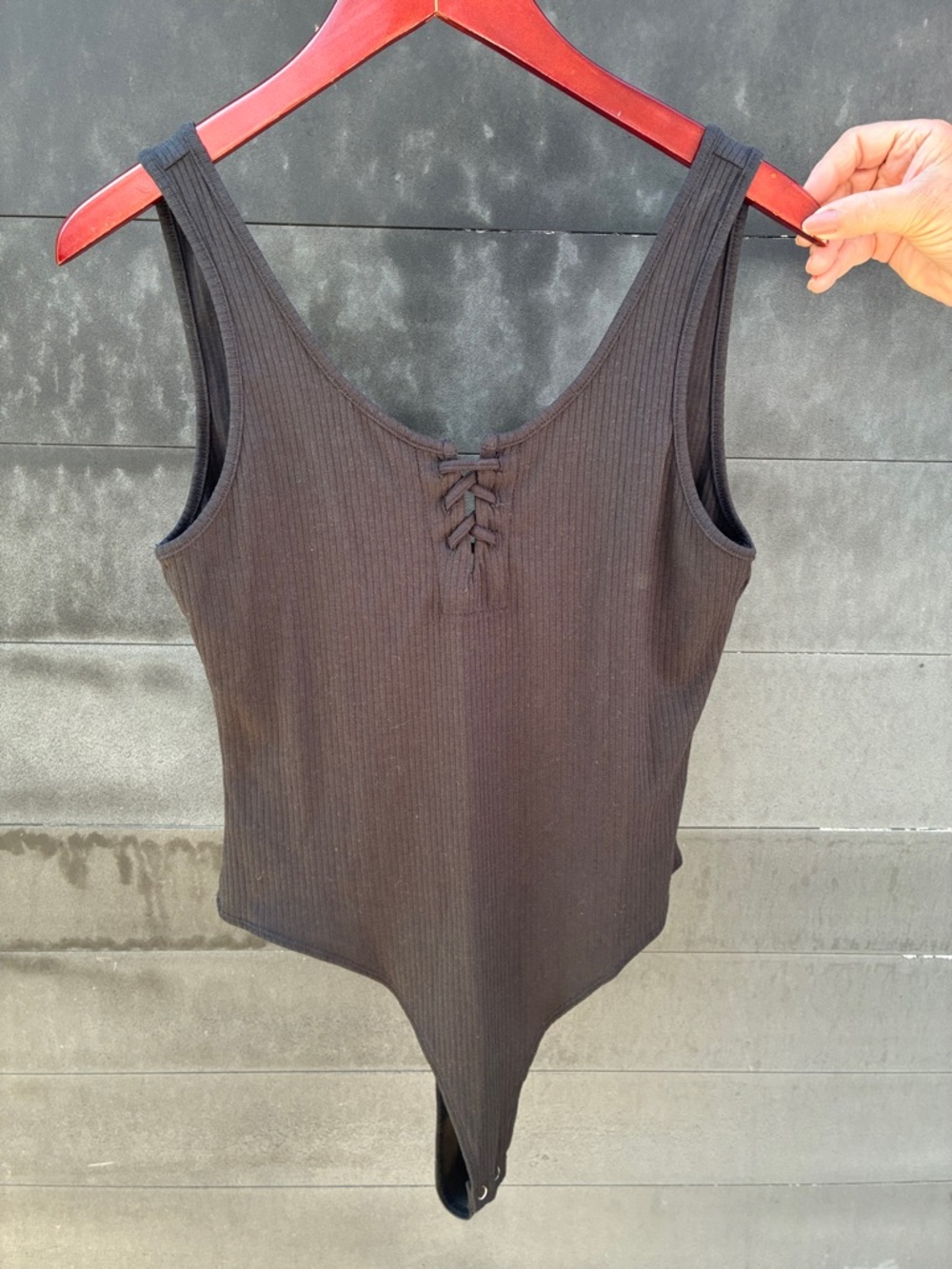 Double Zero Black Ribbed Lace-Up Tank Bodysuit Sz Lovely Large